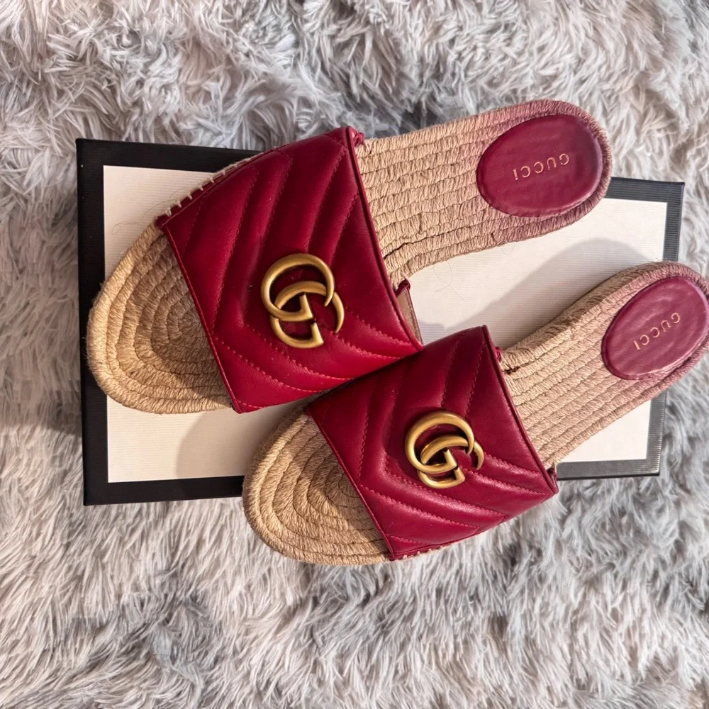 Gucci Red Leather GG Marmont Raffia Slides – Size 40.5 (FITS LIKE US 9) - Picture 7 of 11